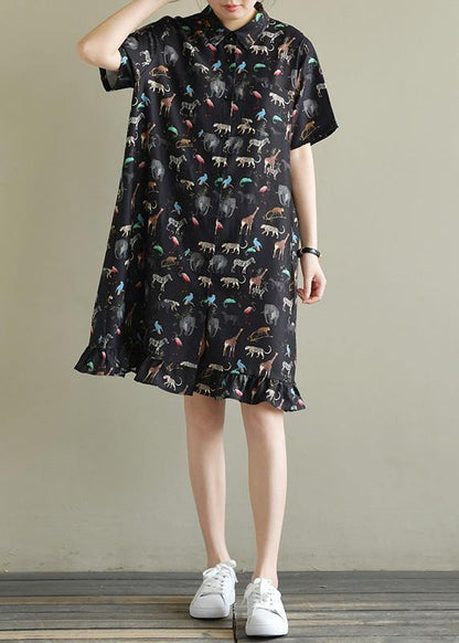 Natural Black Print Chiffon Dresses Fitted Shirts Lapel Short Sleeve Kaftan Summer Dresses