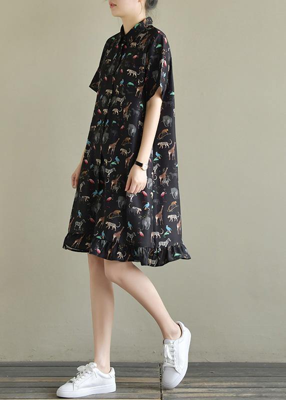 Natural Black Print Chiffon Dresses Fitted Shirts Lapel Short Sleeve Kaftan Summer Dresses