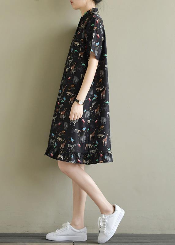 Natural Black Print Chiffon Dresses Fitted Shirts Lapel Short Sleeve Kaftan Summer Dresses