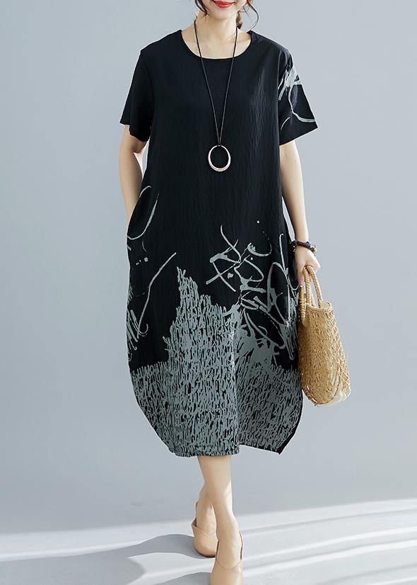 Natural Black Print Cotton Clothes for Shape O Neck Dresses Summer Dress