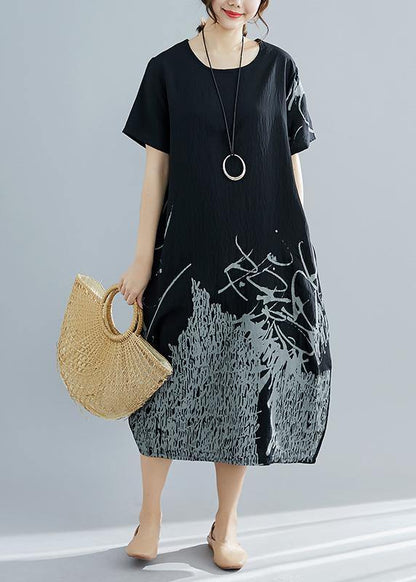 Natural Black Print Cotton Clothes for Shape O Neck Dresses Summer Dress