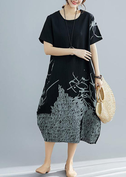 Natural Black Print Cotton Clothes for Shape O Neck Dresses Summer Dress