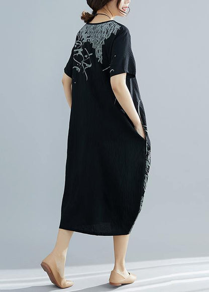 Natural Black Print Cotton Clothes for Shape O Neck Dresses Summer Dress