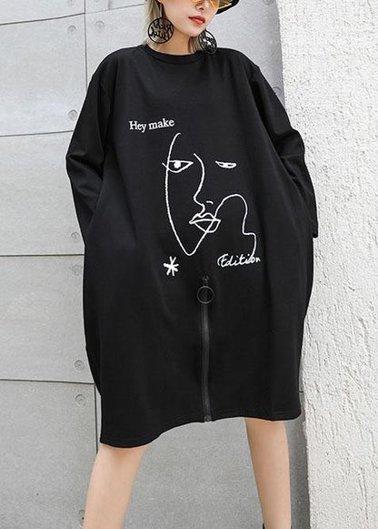 Natural Black Prints Cotton Tunic Dress Zippered Dresses Fall Dresses