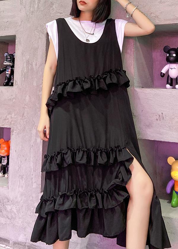 Natural Black Sleeveless Cotton Quilting Dresses Ruffles Art Summer Side Open Dress