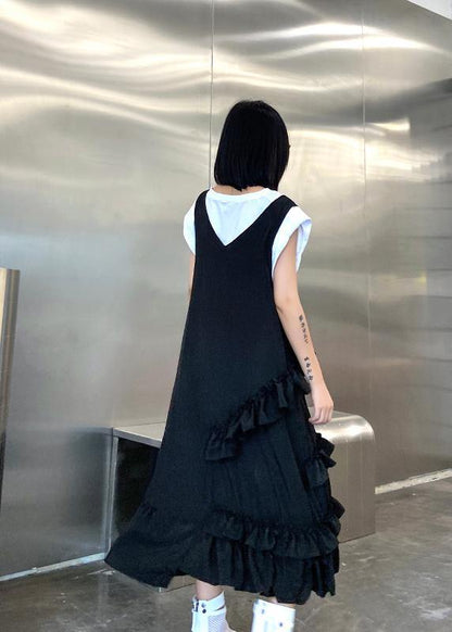 Natural Black Sleeveless Cotton Quilting Dresses Ruffles Art Summer Side Open Dress