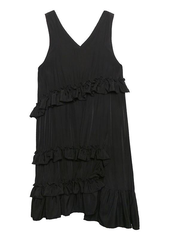 Natural Black Sleeveless Cotton Quilting Dresses Ruffles Art Summer Side Open Dress