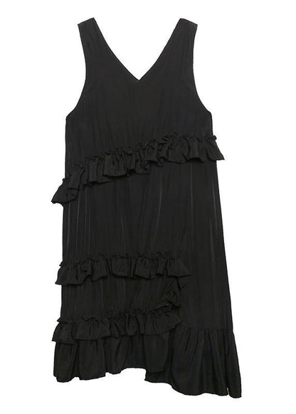 Natural Black Sleeveless Cotton Quilting Dresses Ruffles Art Summer Side Open Dress