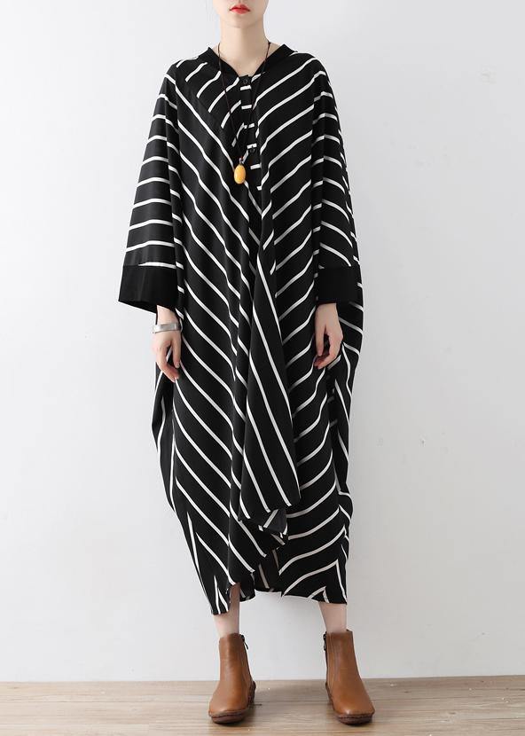 Natural Black Striped Tunics for V Neck Asymmetric Loose Dress
