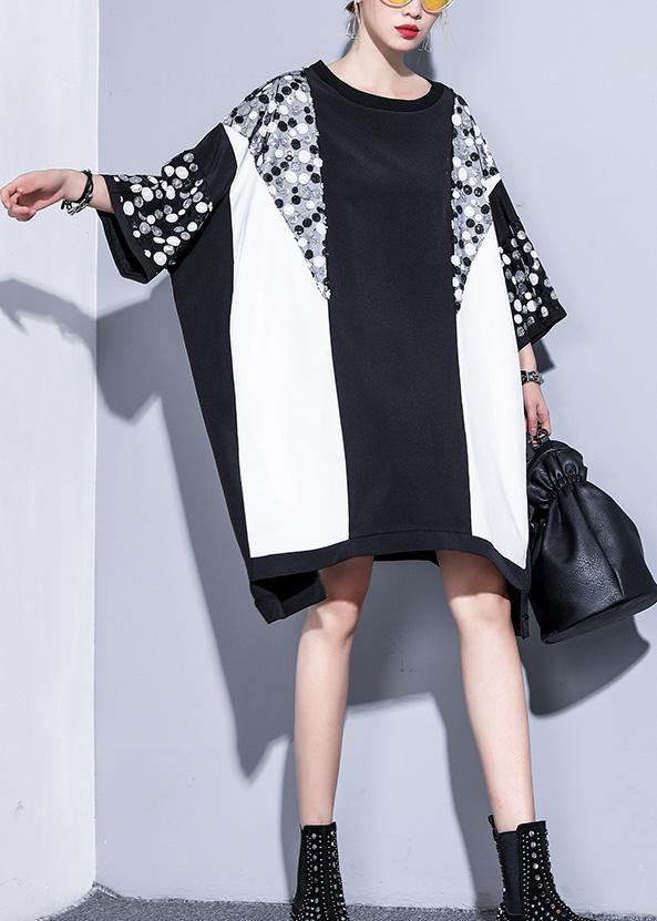 Natural Black White Patchwork Cotton Clothes Sequined Clothing Summer Tops