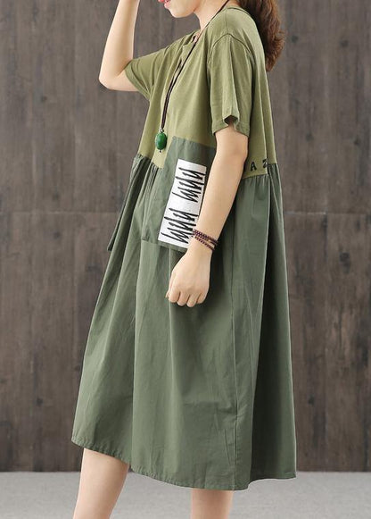 Natural Blackish Green Dress O Neck Patchwork Dress