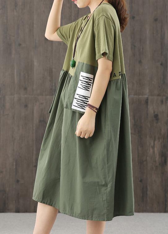 Natural Blackish Green Dress O Neck Patchwork Dress