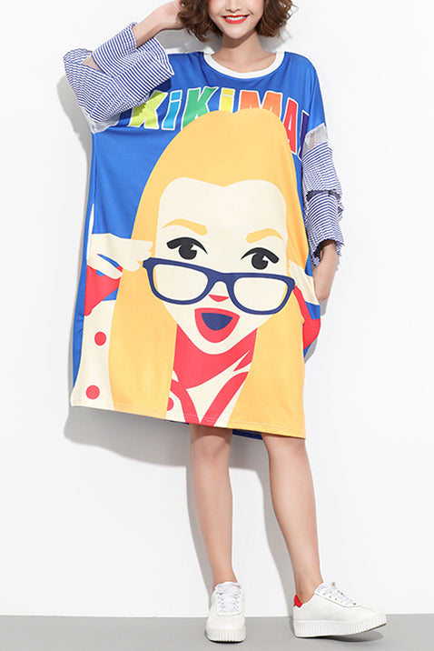 Natural Blue Cotton Clothes Dress O Neck Patchwork Daily Summer Dresses