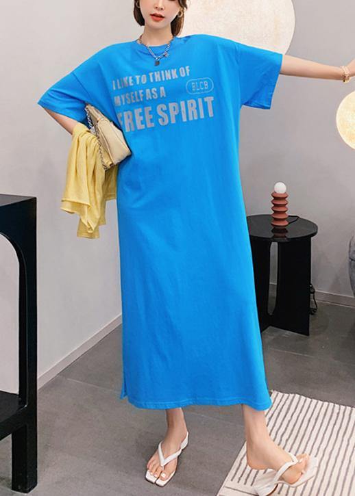 Natural Blue Letter Clothes O Neck Side Open Long Dress