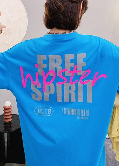 Natural Blue Letter Clothes O Neck Side Open Long Dress