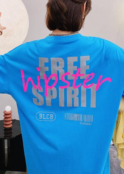 Natural Blue Letter Clothes O Neck Side Open Long Dress
