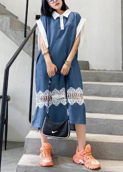 Natural Blue Cotton Wardrobes Lapel Patchwork Lace Maxi Dresses