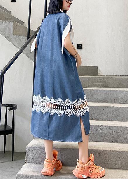 Natural Blue Cotton Wardrobes Lapel Patchwork Lace Maxi Dresses