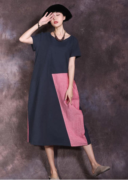 Natural Blue O Neck Linen Outfit Patchwork Color Maxi Summer Dresses