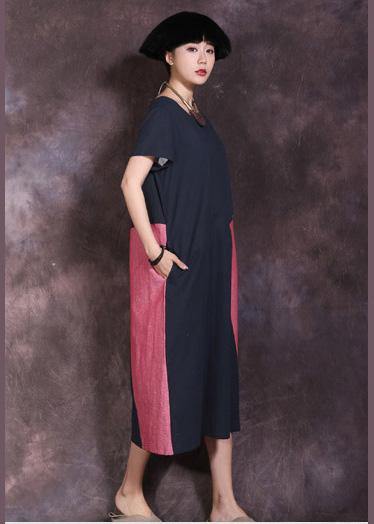 Natural Blue O Neck Linen Outfit Patchwork Color Maxi Summer Dresses