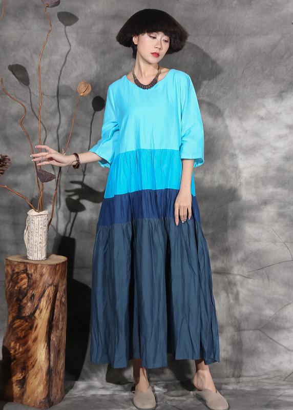 Natural Blue Patchwork Cotton Linen Clothes Big Hem Clothing Summer Dresses