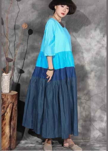 Natural Blue Patchwork Cotton Linen Clothes Big Hem Clothing Summer Dresses