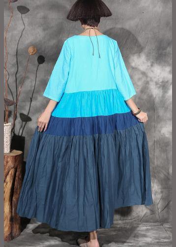 Natural Blue Patchwork Cotton Linen Clothes Big Hem Clothing Summer Dresses