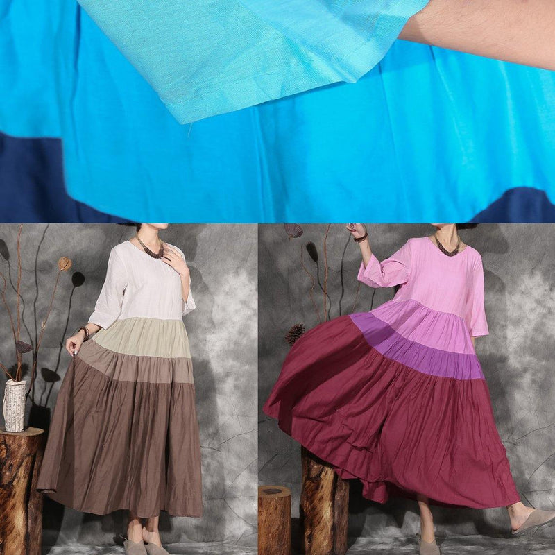 Natural Blue Patchwork Cotton Linen Clothes Big Hem Clothing Summer Dresses