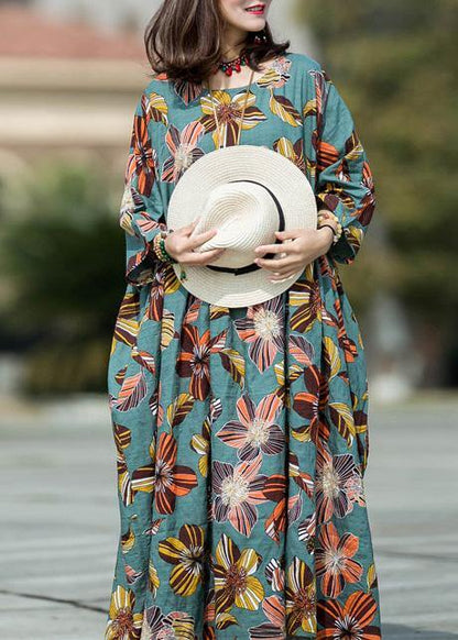Natural Blue Print Cotton Dresses O Neck Cinched Loose Summer Dress