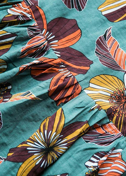 Natural Blue Print Cotton Dresses O Neck Cinched Loose Summer Dress