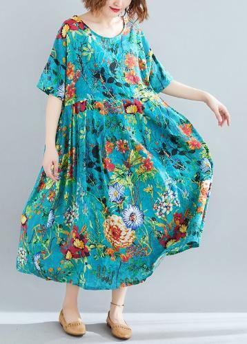 Natural Blue Print Dresses O Neck Cinched Robes Summer Dress