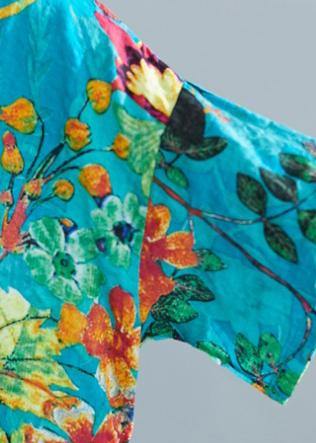 Natural Blue Print Dresses O Neck Cinched Robes Summer Dress