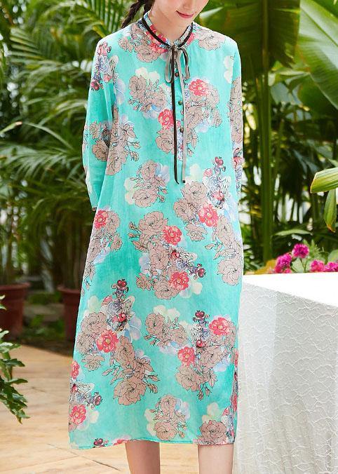 Natural Blue Print Linen Long Shirts Stand Collar Patchwork Baggy Summer Dress