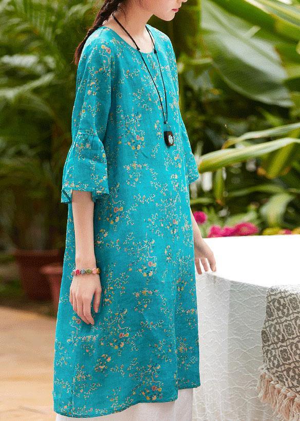 Natural Blue Print Linen Clothes O Neck Flare Sleeve Midi Summer Dress