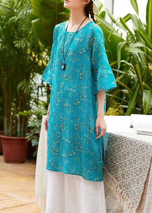 Natural Blue Print Linen Clothes O Neck Flare Sleeve Midi Summer Dress