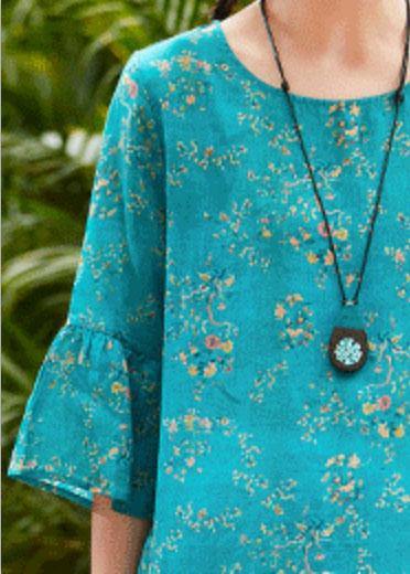 Natural Blue Print Linen Clothes O Neck Flare Sleeve Midi Summer Dress