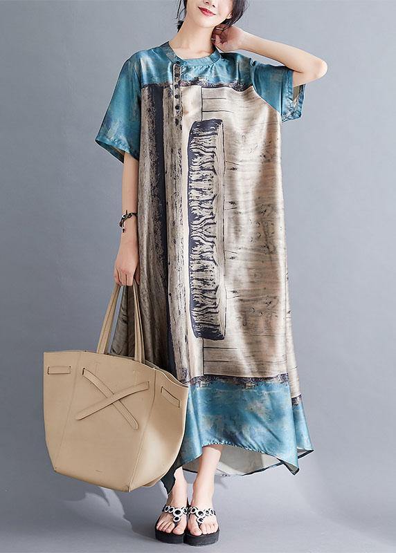 Natural Blue Prints Chiffon Tunic Top Stand Collar Dresses Summer Dress