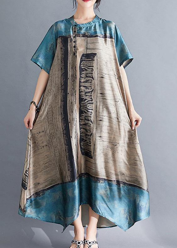 Natural Blue Prints Chiffon Tunic Top Stand Collar Dresses Summer Dress