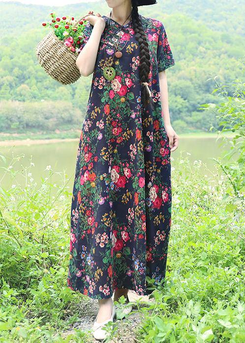 Natural Blue Prints Linen Dresses Chinese Button Robe Summer Dress