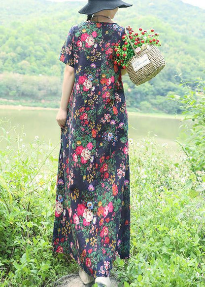 Natural Blue Prints Linen Dresses Chinese Button Robe Summer Dress