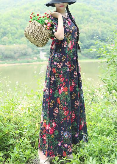 Natural Blue Prints Linen Dresses Chinese Button Robe Summer Dress