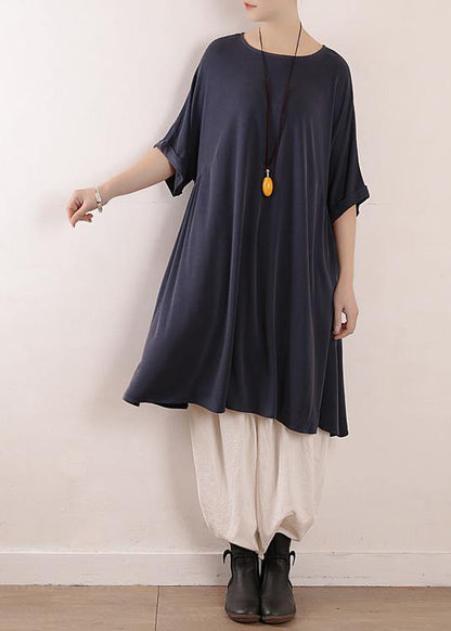 Natural Blue Short Sleeve Silk Tunics O Neck Art Dress