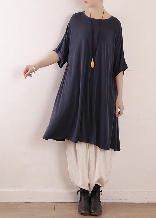Natural Blue Short Sleeve Silk Tunics O Neck Art Dress