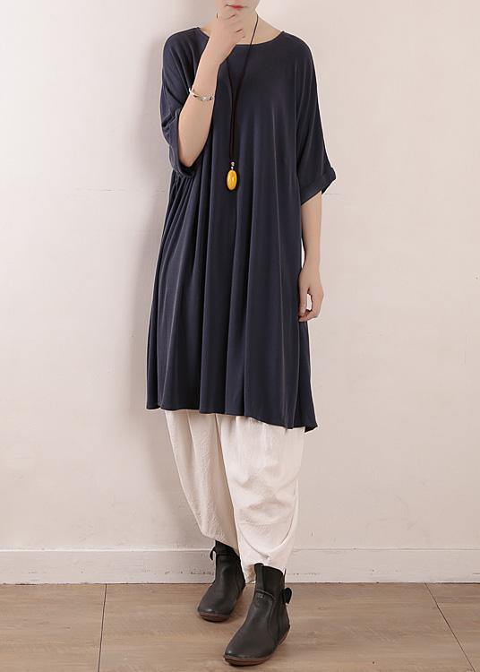 Natural Blue Short Sleeve Silk Tunics O Neck Art Dress