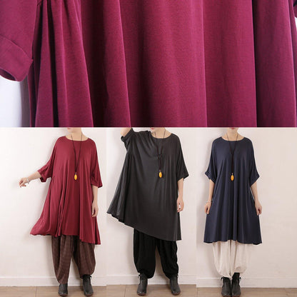 Natural Blue Short Sleeve Silk Tunics O Neck Art Dress
