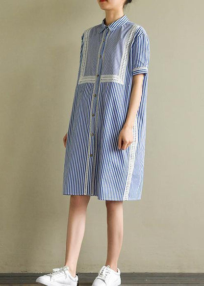 Natural Blue Striped Cotton for Lapel Lantern Sleeve Cotton Summer Dress