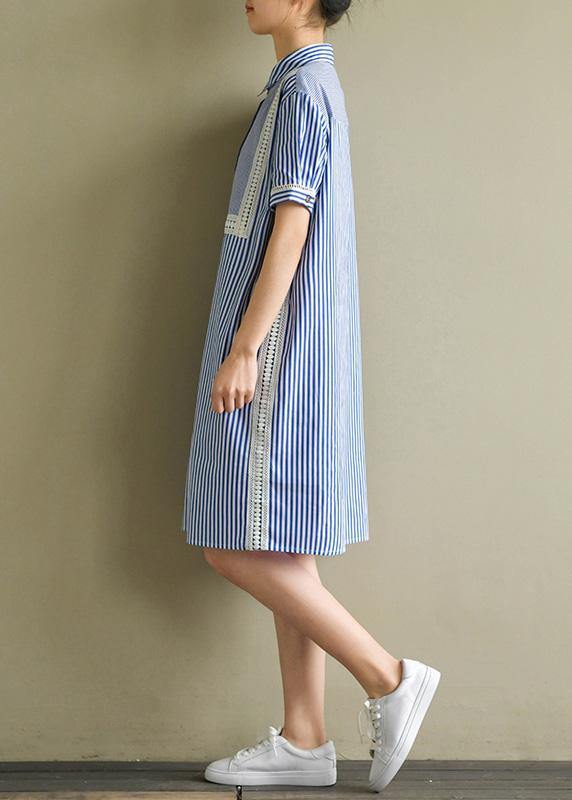 Natural Blue Striped Cotton for Lapel Lantern Sleeve Cotton Summer Dress