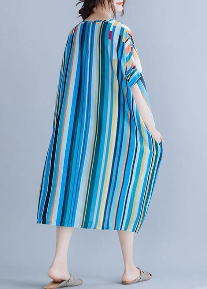 Natural Blue Striped Chiffon Dress Long Online Shopping V Neck Patchwork Summer Dress