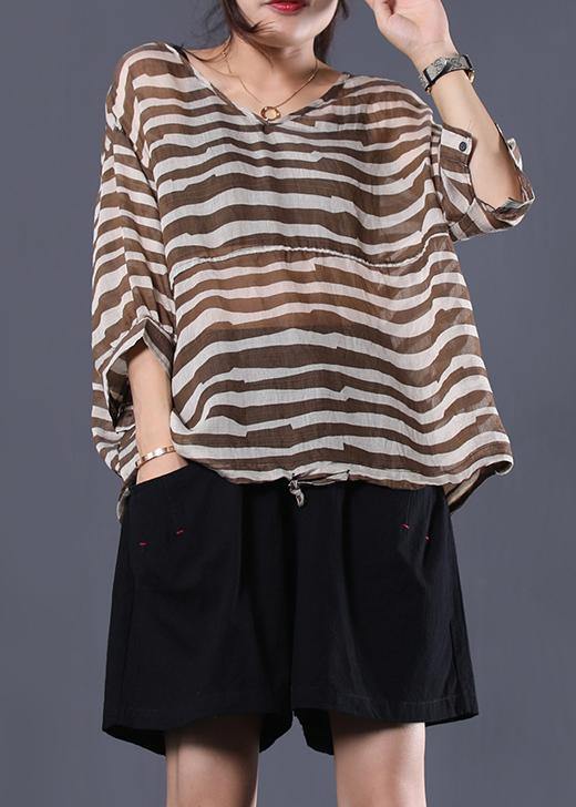 Natural Brown Striped V Neck Cotton Long Shirts Drawstring Hem Baggy Summer Blouses