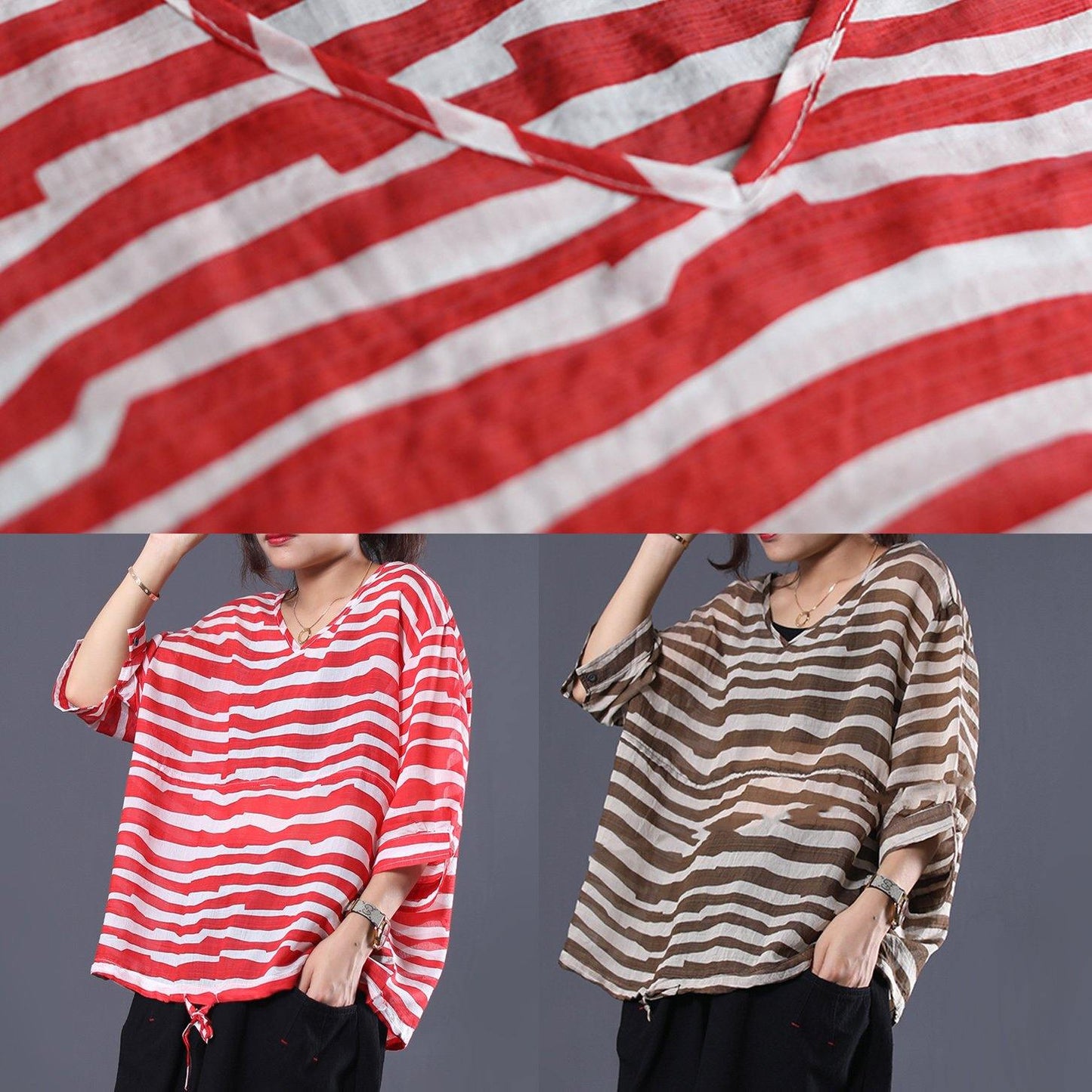 Natural Brown Striped V Neck Cotton Long Shirts Drawstring Hem Baggy Summer Blouses